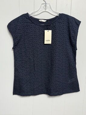 #19)  Lolita Navy Eyelet Cap Sleeve Blouse